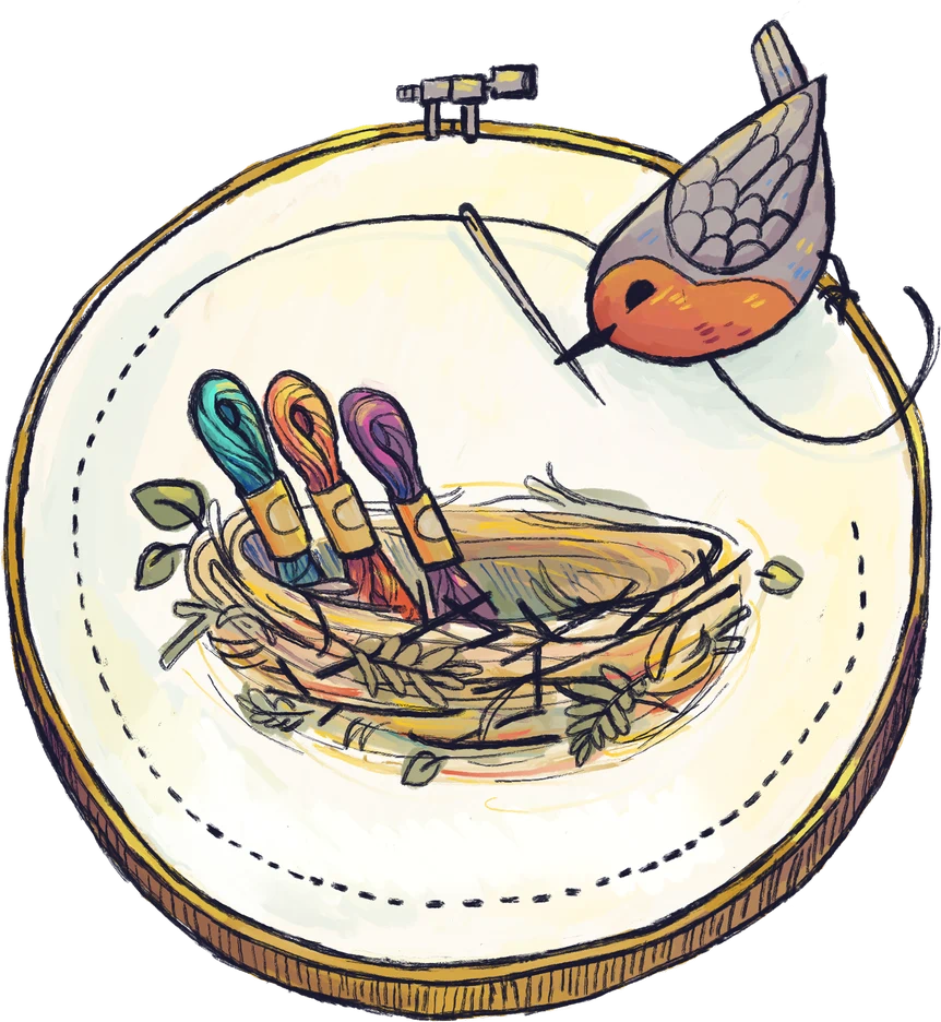A robin tidying a nest of embroidery floss inside an embroidery hoop